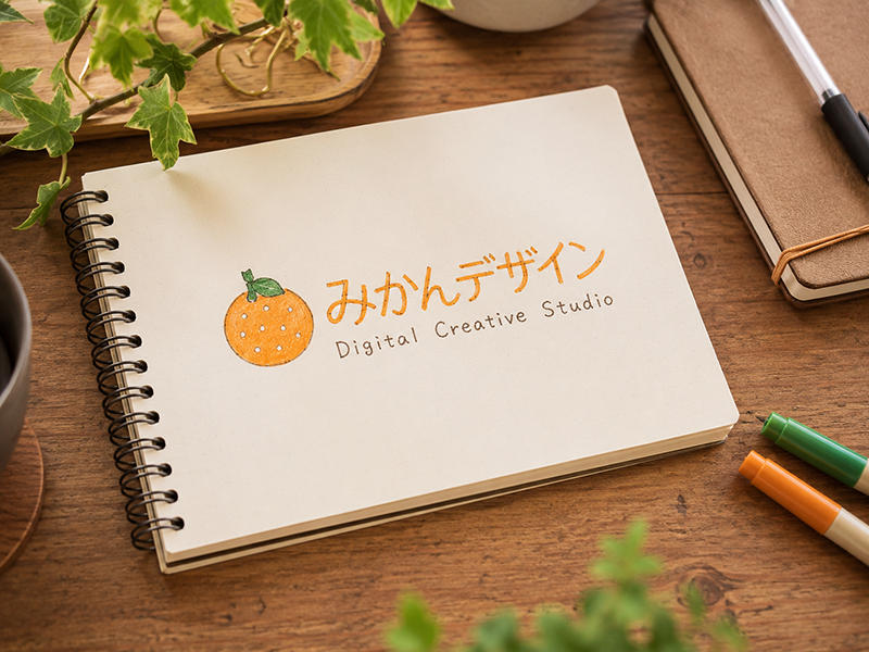 ノートに描かれたみかんデザインのロゴマーク